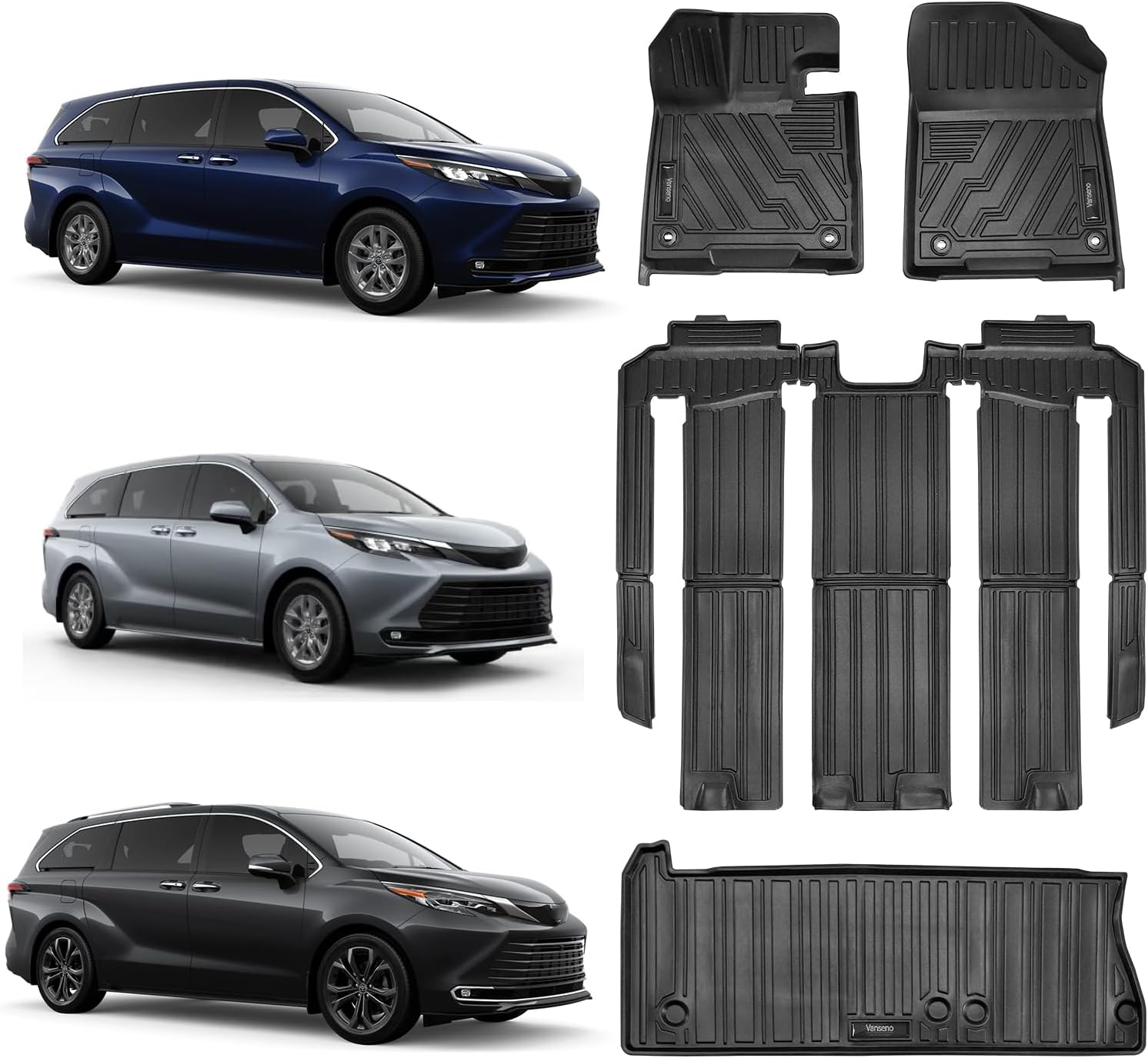 Vanseno Floor mats & Cargo Liners Compatible for 2021-2025 Toyota Sienna All Weather Protector Mat for Sienna XLE/XSE/Limited/Woodland Edition 7 Seats with Spare Tire (Not for 2025 Platinum Edition)